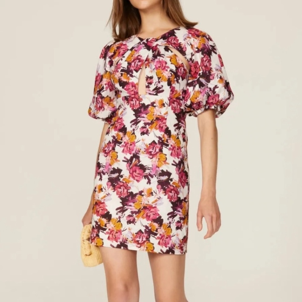 Nicholas floral linen cutout puff sleeve dress